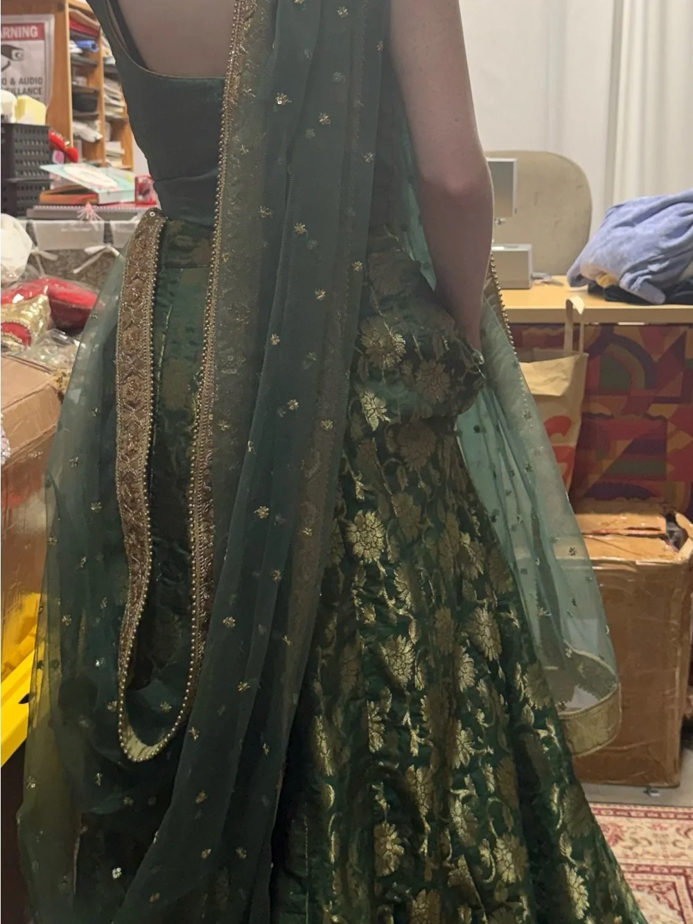 Emerald Green Gold Embroidered Lehenga Set - xs - Picture 2 of 3